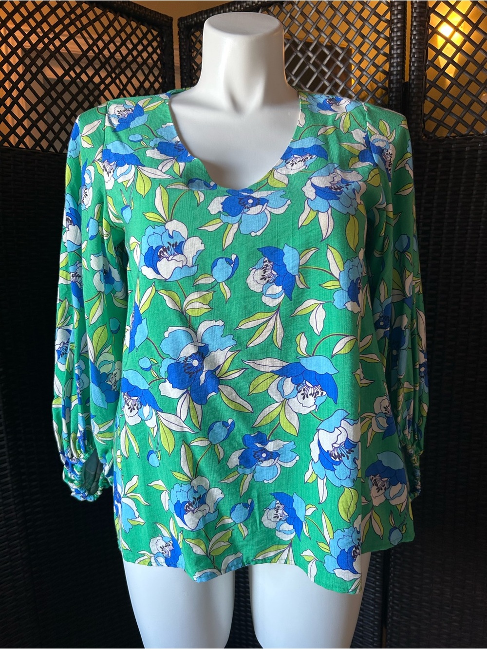 Vine & Love Green Floral V-Neck Top with Blue and White Blooms